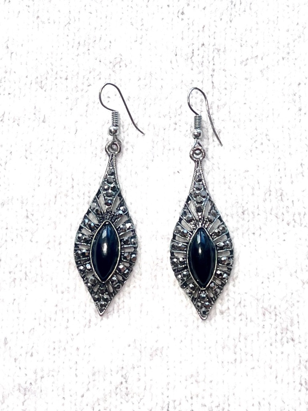 Midnight Noir Vintage Marcasite Shield Earrings - Black Teardrop - Goth